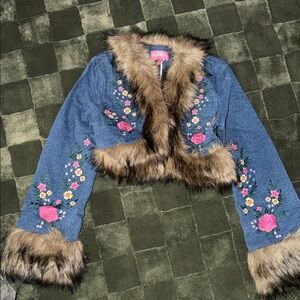 Sugar Thrillz Blue Floral Embroidered Jacket with Faux Fur